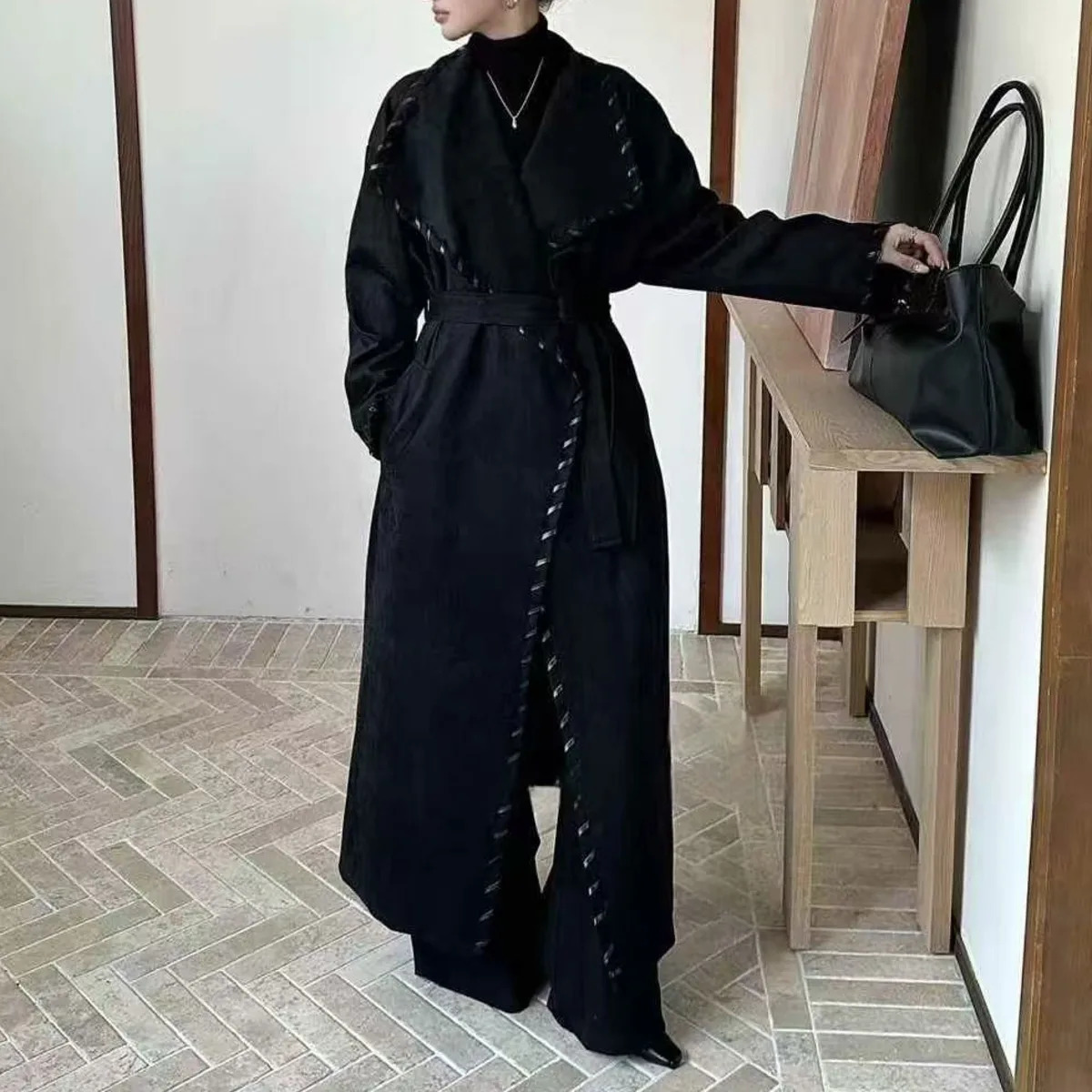 BJTZ Fashion Vintage Trench Coat For Woman 2025 Autumn Laceup Tiewaist Big Lapel Loose Fit Windbreaker 251231