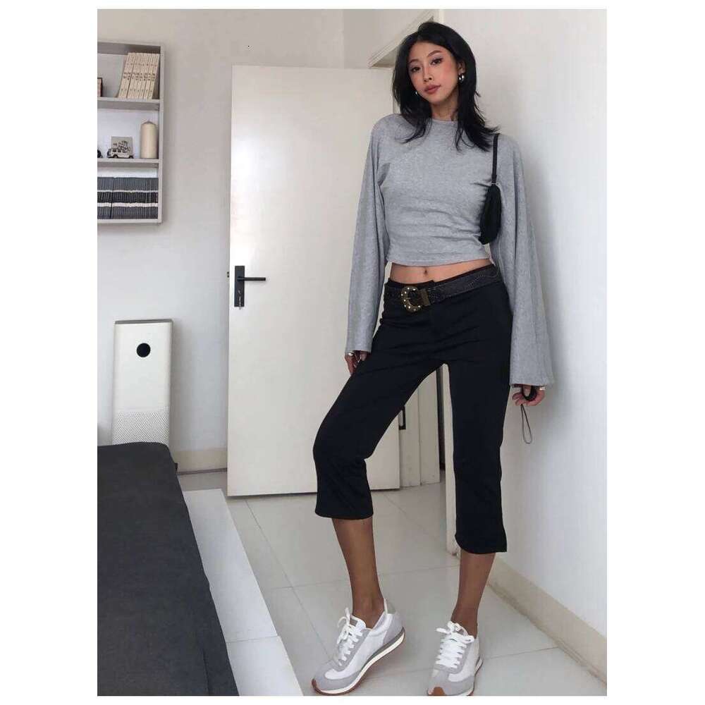 Basic slim fit long sleeved striped off shoulder round neck street style Spring and Autumn Y2K gray T-shirt for women