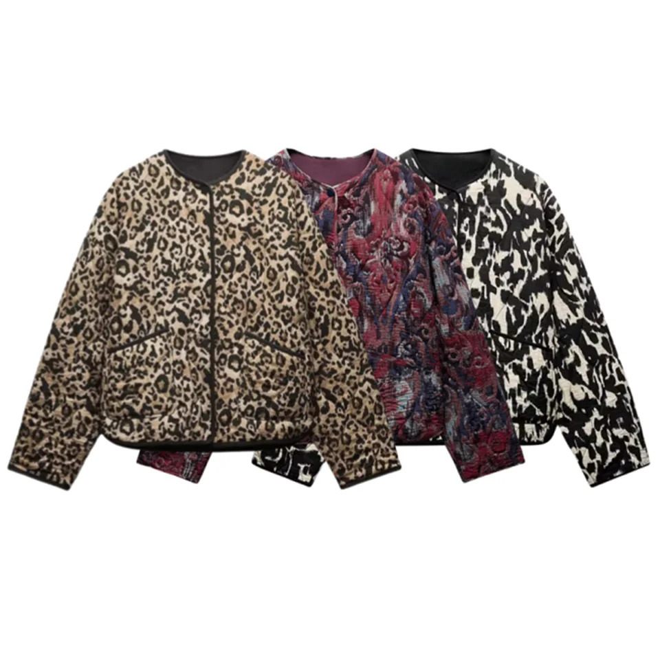 Autumn and Winter Womens Round Neck Long Sleeve Animal Printed Cotton Jacket Outerwear 251225