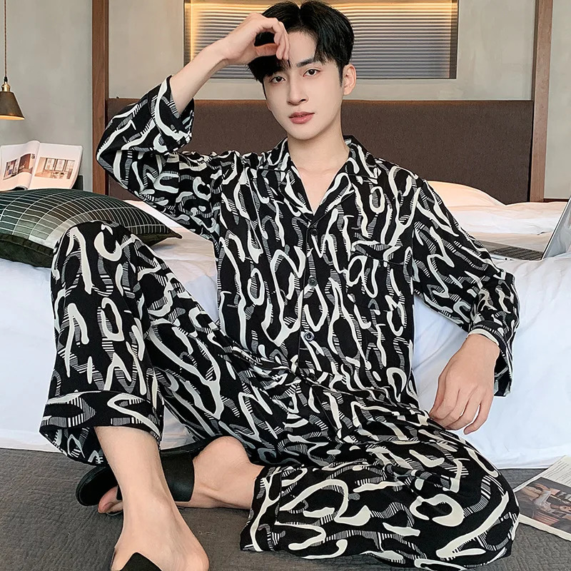 High Quality Men Pajamas Suit Spring Fall Ice Silk Highend Longsleeved Sleepwear Set Female Ethnic Style Large Size Loungewear 251231