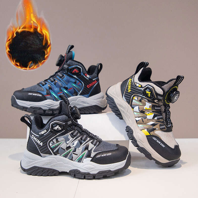 Boys Winter Fleece-Lined Cotton Rotating Button Hiking Shoes Cool Thick-Soled Fashionable Outdoor Footwear for Teenagers