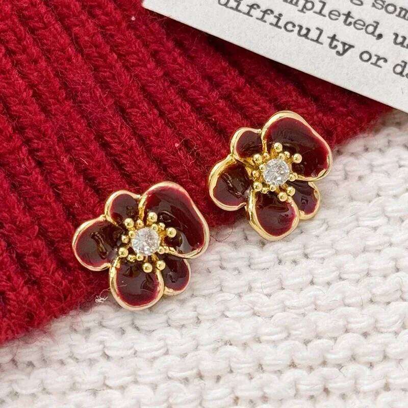Real 925 Sterling Silver Zircon Red Enamel Flower Stud Earrings for Charm Women Minimalist Cute Fine Jewelry Plant Accessories