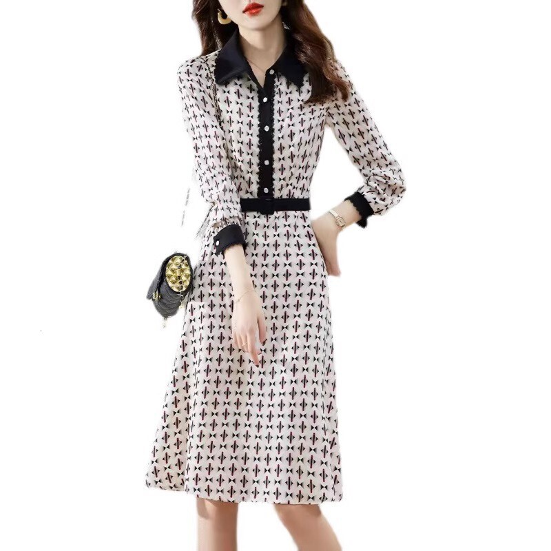 New Trendy Color-blocked Patchwork Pattern Casual And Simple Fitted Chiffon Long-sleeved Dress Shirt Dress Elegant Lady's Dress