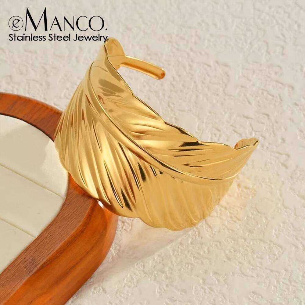 eManco Stainless Steel Women's Wide Bangles Luxury Gold Plated Leaf Cuff Bracelet femme Vintage Jewelry Gift Factory Direct