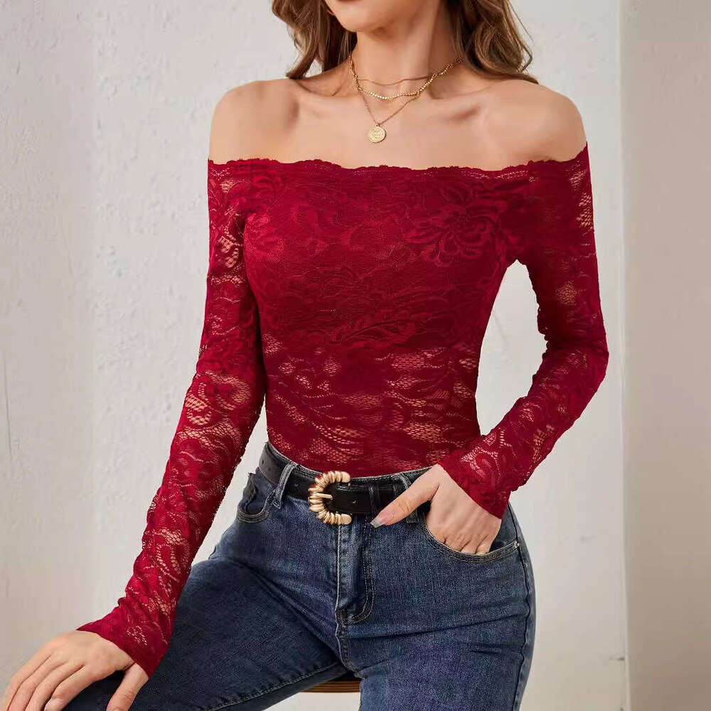 2026 Elegant Fan-shaped Collar Off-shoulder Lace Slim Fit T-shirt Long Sleeve Top
