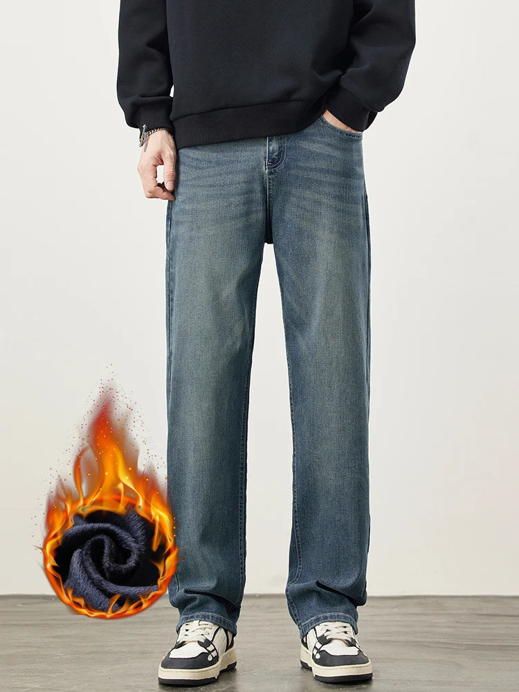 Fleece Mens Straight Jeans Winter Baggy Thick Warm Fashion Korea Plush Wide Denim Pants Casual Male Thermal Trousers 251226