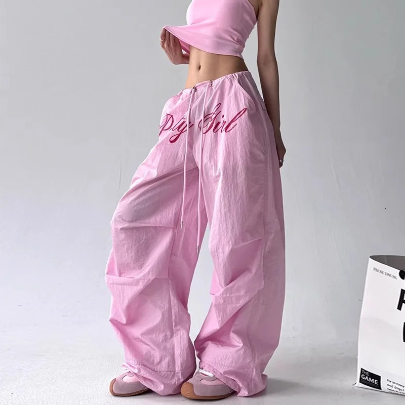 Pantalones Casuales Pink Embroidered Casual Pants For Women Loose And Comfortable Straight Elastic Waist Trousers 2025 251226