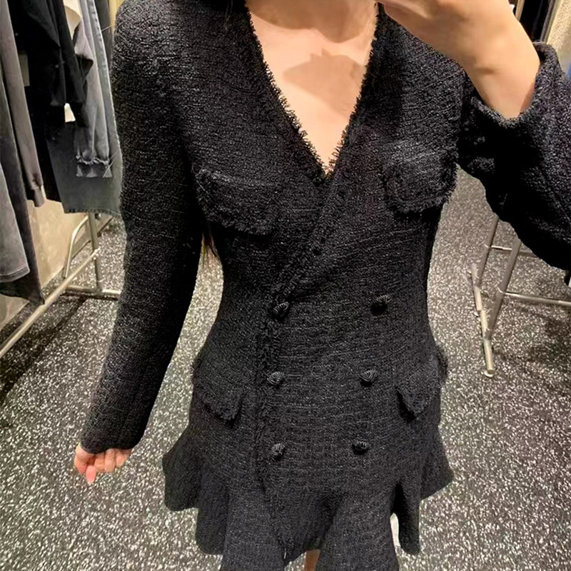 2023 Autumn Winter New Tweed Frayed Edge Patchwork Fake Two-Piece V-Neck Long Sleeve Dress