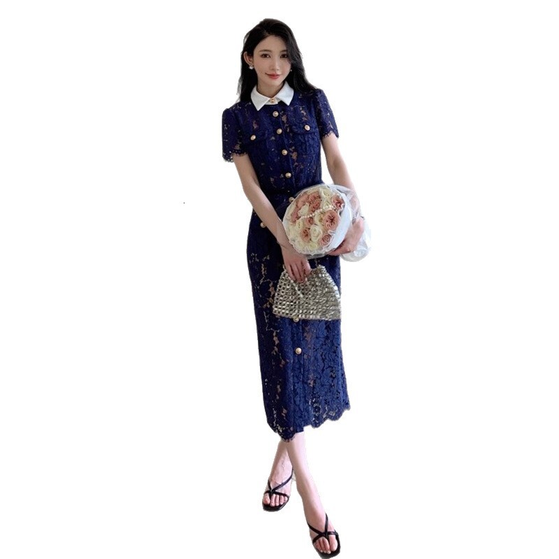 Luxurious High-end Long Dress Dark Blue Color Heavy Lace High Contrast Colors Doll Collar Beautiful Urban Sexy Fitted Women's Dress