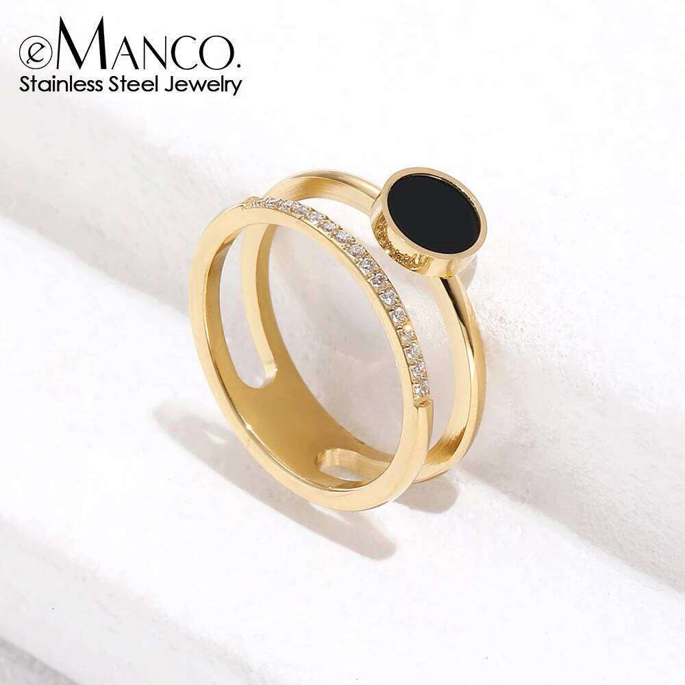 eManco Popular Women's Glamour Double Cutout Rhinestone Stainless Steel Thin Ring Drip Oil Glossy Jewelry Gifts