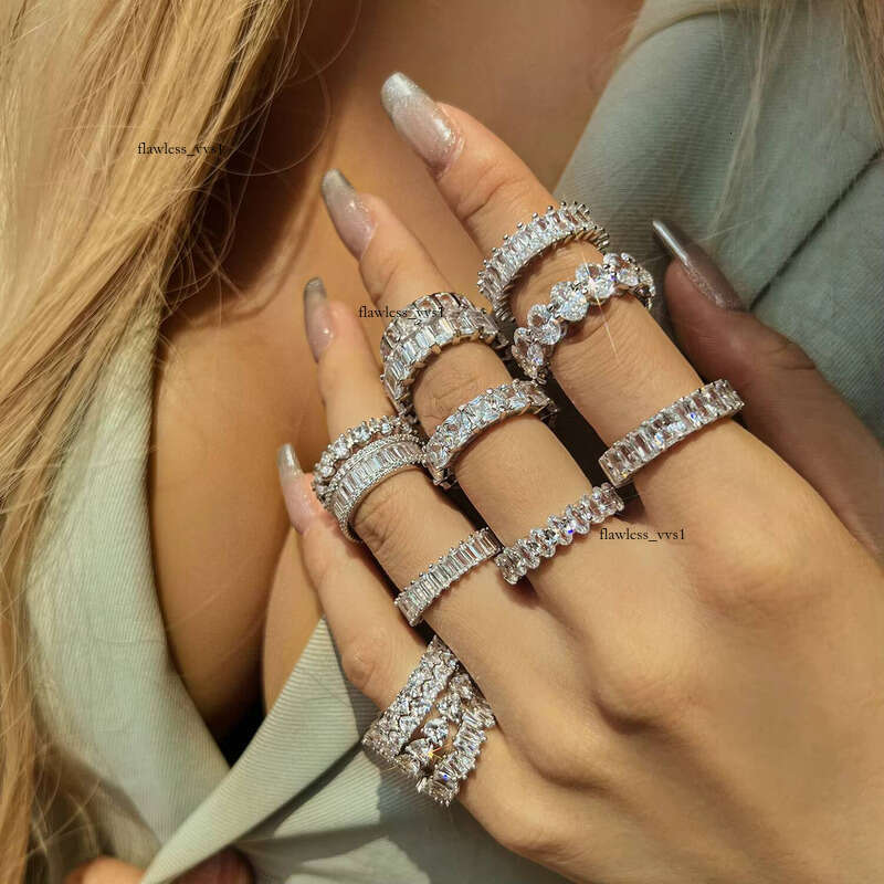 5A Cz VVS Moissanite Ring Eternity Wedding Bands Engagement Baguette Diamond S925 Sterling Silver Stackable Rings Jewelry Women