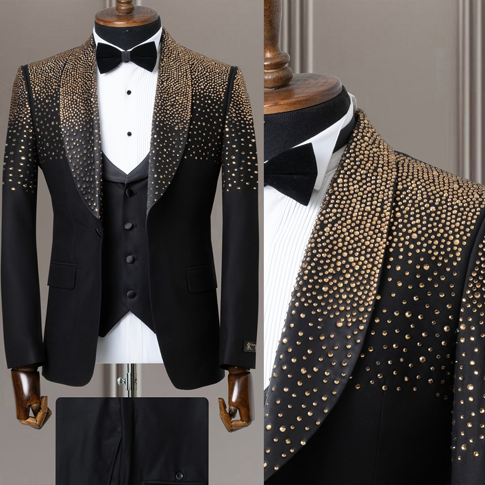 Handsome Men Tuxedos Golden Beads Shawl Lapel Groom Wedding Wear 3 Piece Business Birthday Party Jacket Suits Customized