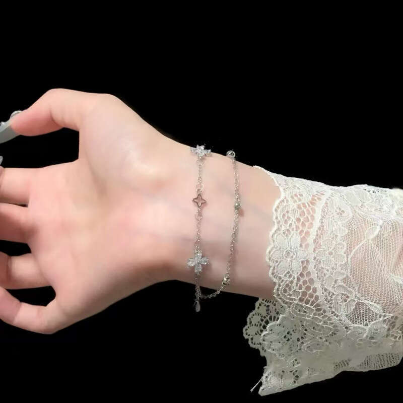 Women's Double Layer Stacked Four-Leaf Clover Bracelet S925 Silver Exquisite Fashion Sweet Hand Jewelry for Gift