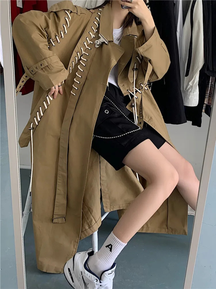 BJTZ Splicing Khaki Windbreaker Womens 2025 Spring Autumn Loose Temperament Midlength Drawstring n Trench Jacket 251231