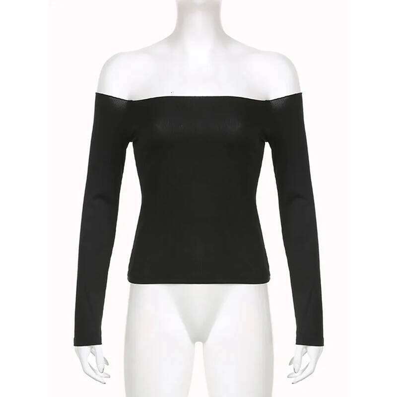 Black Solid Slash Neck Elegant Long Sleeve Tops Korean Fashion Slim Sexy Cropped T Shirt Women Fall Clothing