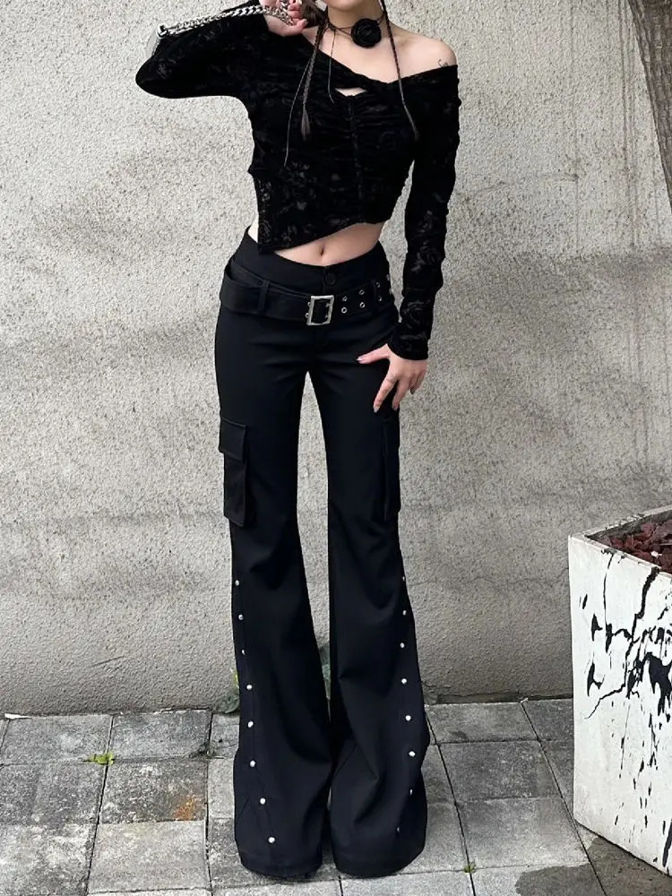 Retro pure black rivet belt decorative slim pants for women y2k Harajuku Goth low-waisted flared pants 251226
