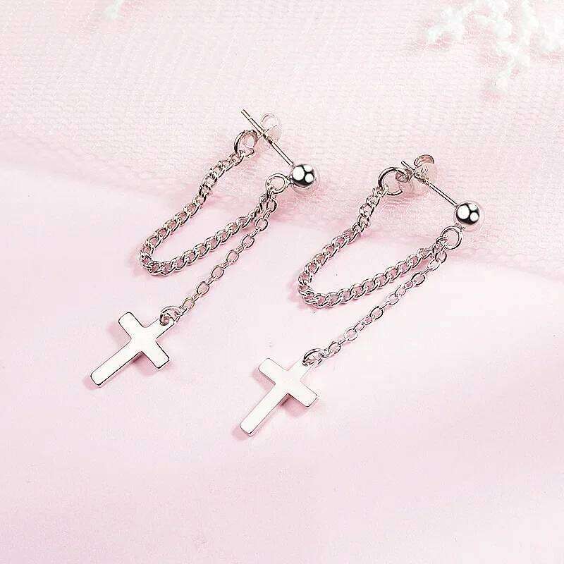 Real 925 Sterling Silver Bead Chain Cross Pendant Stud Earring for Women Punk Minmalist Fine Jewelry Sweet Cool Accessory