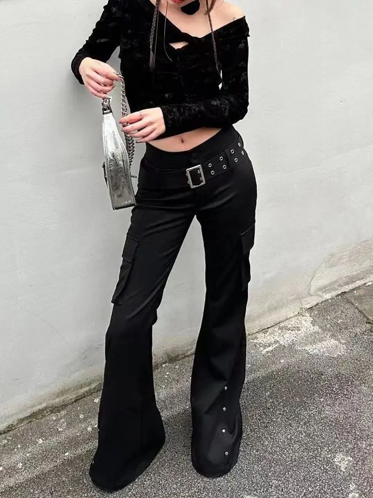 Retro pure black rivet belt decorative slim pants for women y2k Harajuku Goth low-waisted flared pants 251226