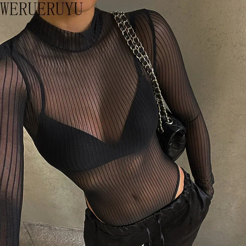 Black Stripe See Through Bodysuit Women s Clothes Summer Sexy Tops Turtleneck Long Sleeve Backless Jumpsuits for 251231