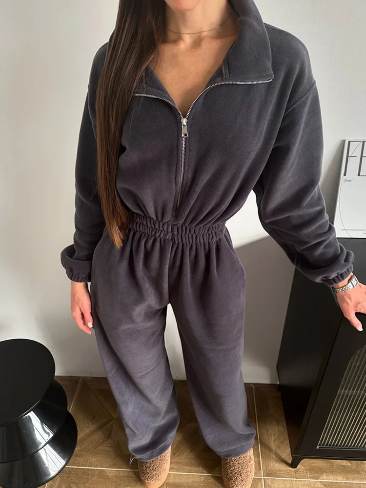 Fashion Sports Jumpsuit Autumn Long Sleeved Zipper High Waist Wide Leg Casual Warm Polar Fleece Women Clothing 251226