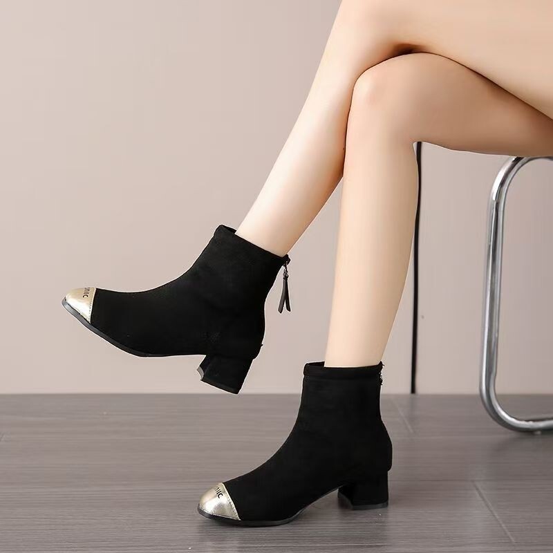 Ddmysports Clearance Martin British Style Round Toe Square Heel Short Leather For Women Versatile Fashion Boots With Back Zipper Outdoor Shoes