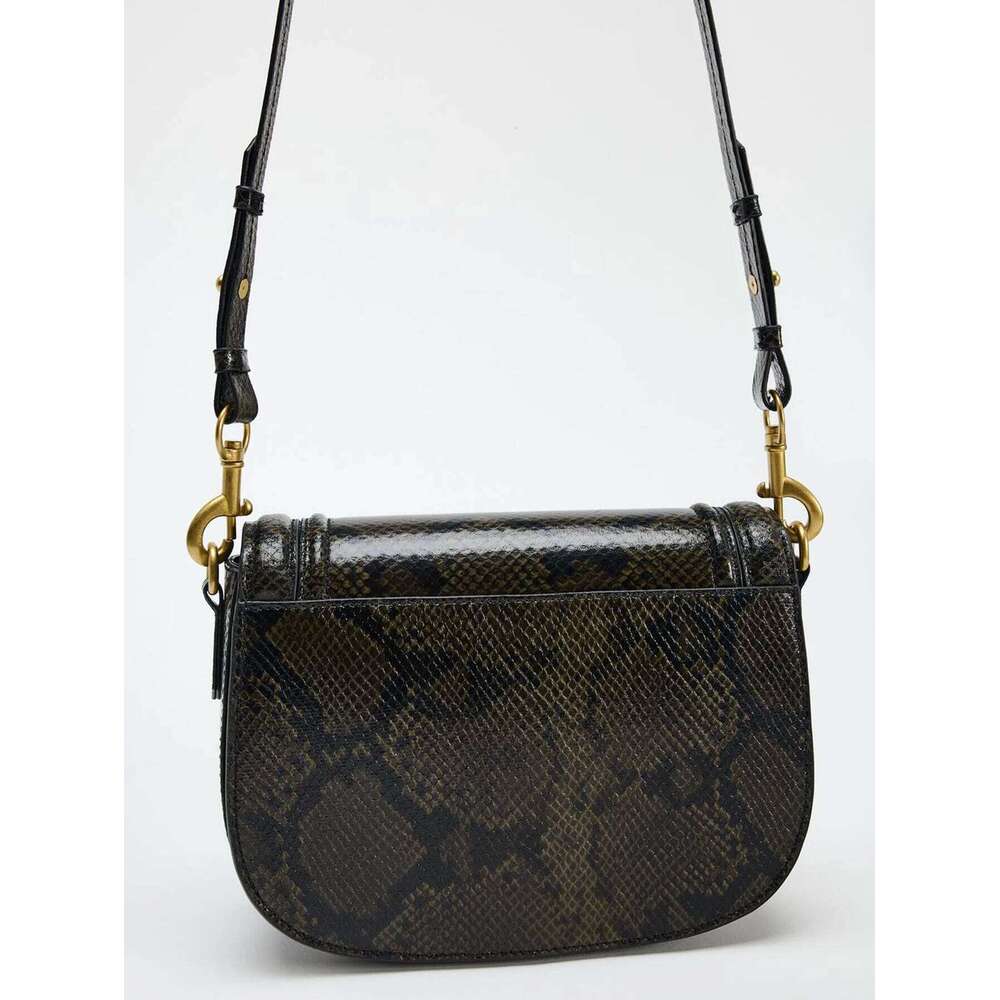 Saddle With Magnetic Buckle Flip Cover And Decorative Snake Print Crossbody Bag
