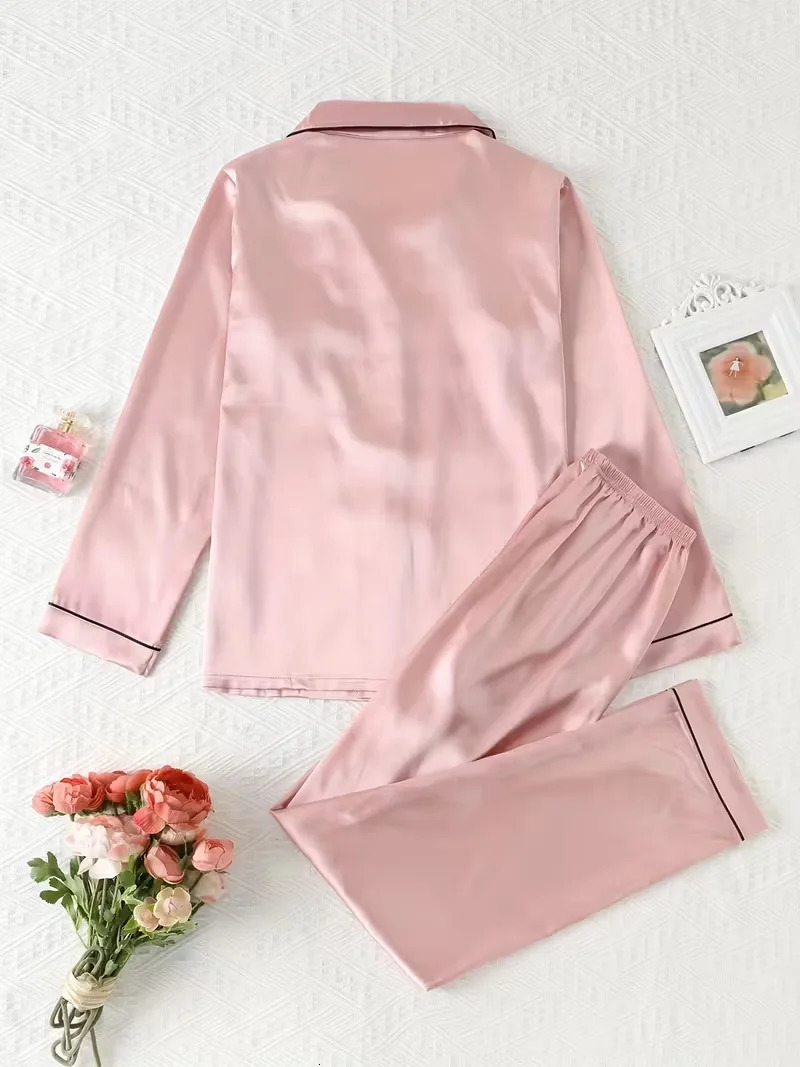 Women Autumn Winter Silk Pajamas Set Casual Soft Breathable and Relaxed Fit Long Shirt Tops Pants Sleepwear 251231