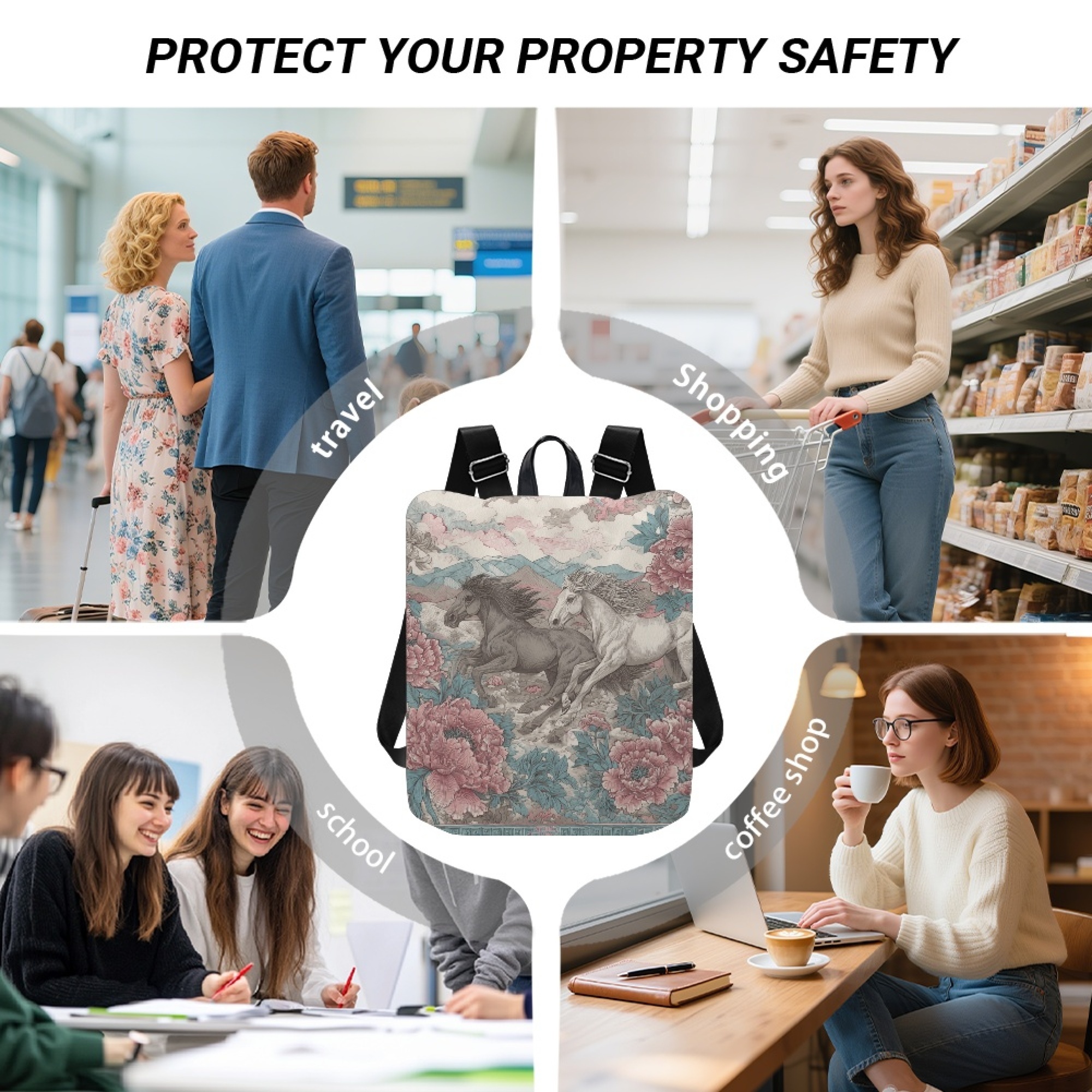 Custom H Designer Fashion Anti Theft Backpack Luxury Horse Pattern Unisex Full Print Backpack Laptop Bag Travel Bag H49