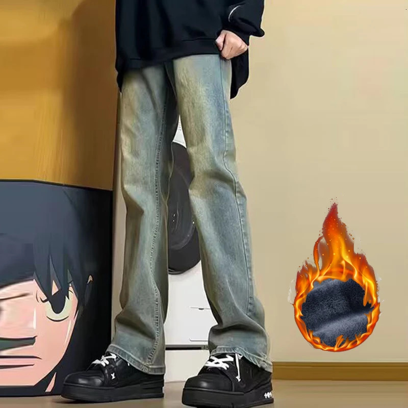 2025 Men Autumn Winter Warm Jeans Male Fleece Lined Thickened Casual Denim Pants Loose Straight Black Elasticity Trousers 251226