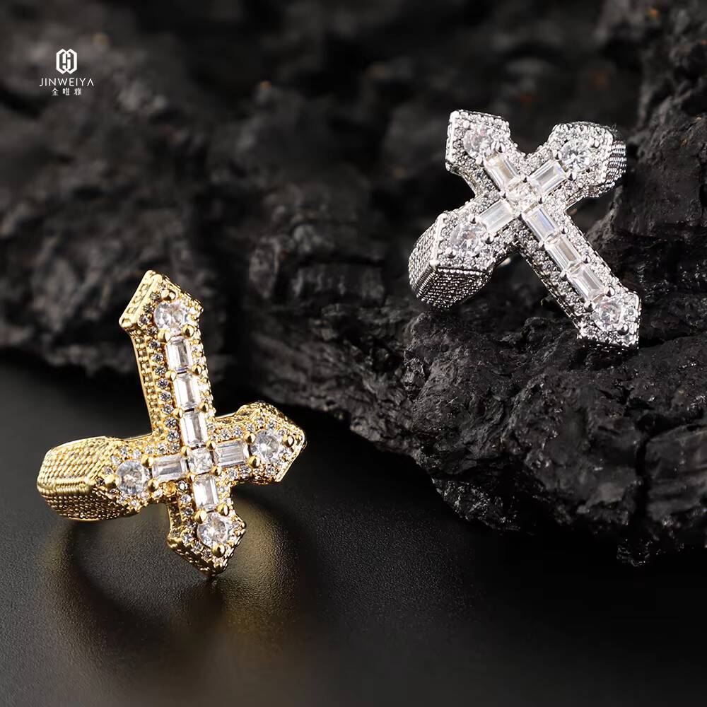 Factory Wholesale High Quality Christian Hip Hop Rings Gold Plated Moissanite Cross 925 Sterling Silver Ring for Men