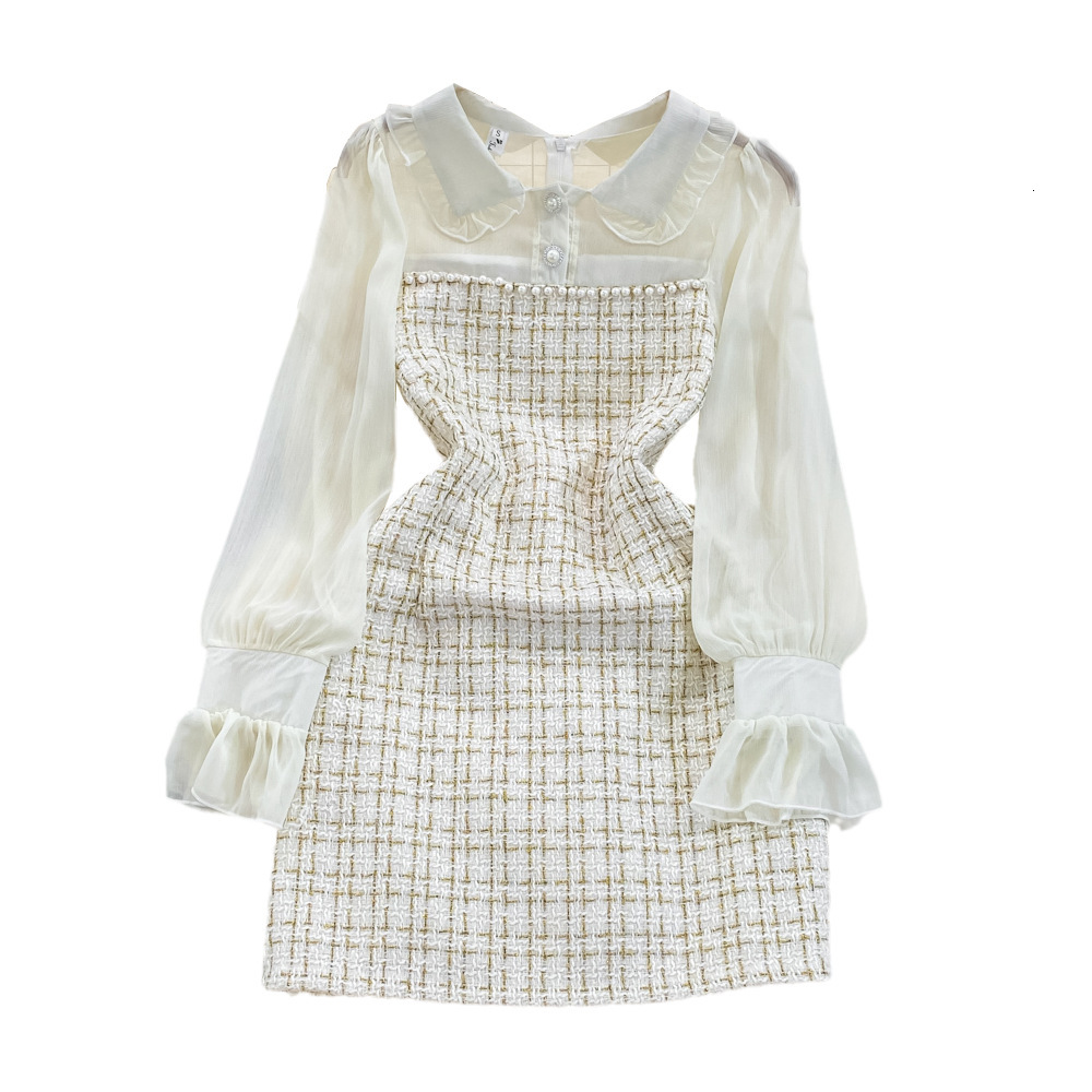 New Autumn Style French-style Chic And Elegant Slim-fit Chiffon Patchwork Tweed Long-sleeved Fitted A-line Skirt For Ladies With A Waistband