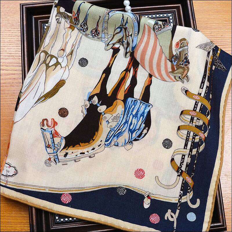 Beige Double-Sided Contrasting 65 Silk Wool Blend Scarf With Herringbone Pattern Hand Rolled Edge Spring Fashion Accessories