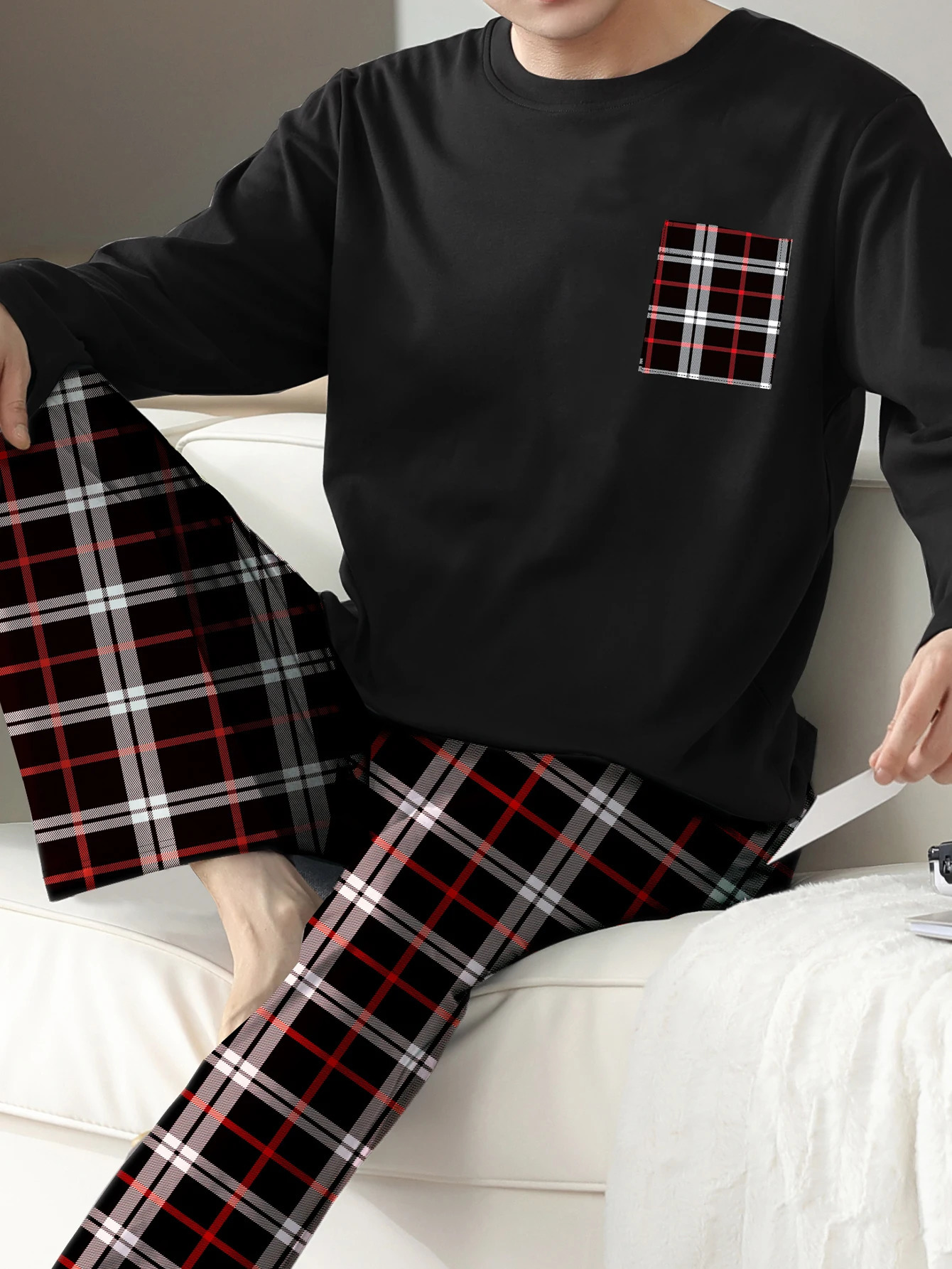 Two piece sets mens pajamas autumn and winter long sleeved pants checkered sleepwear set 251231
