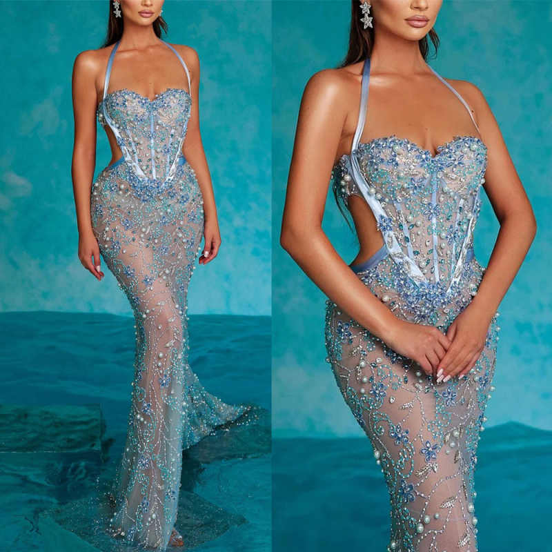 Vintage Halter Beaded Lace Evening Dresses Sexy Sleeveless Pearls Mermaid Prom Dress Customized Floor Length Party Gown