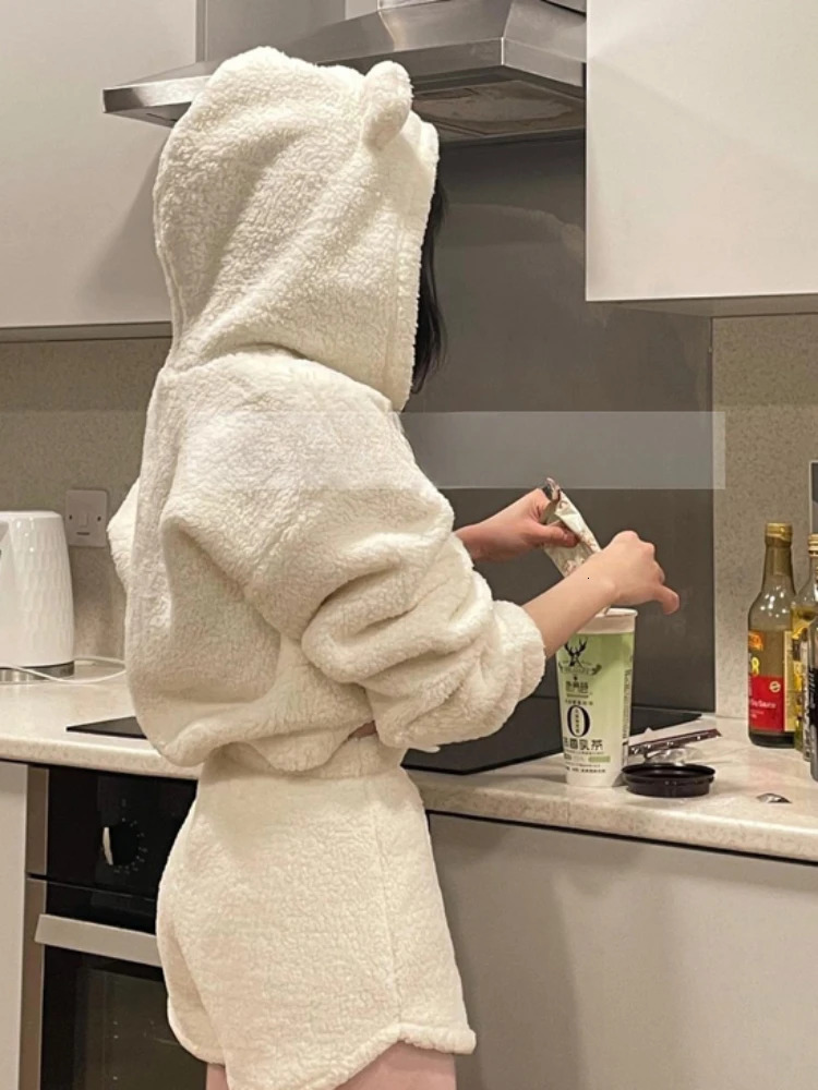 Short Sets Women Two Pieces with Hat Hoodies Bear Ear Solid Plus Velvet Thicker Crop Tops Lace Up Trendy Sweet Girls Cozy 251226