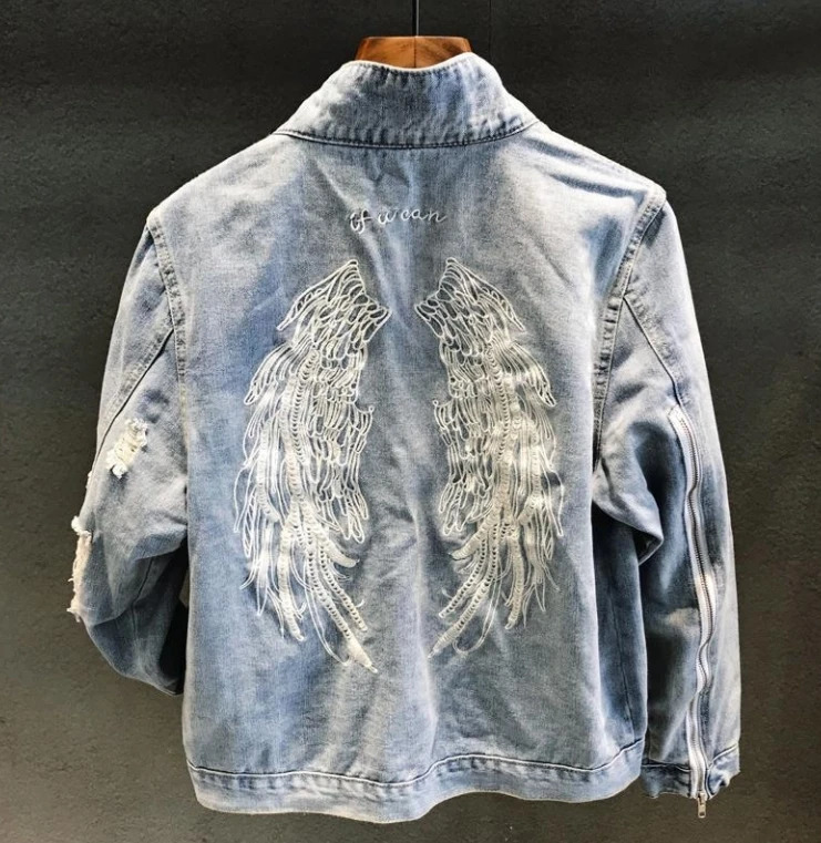 n Embroidered Distressed Denim Jacket for Men Spring Autumn Korean Trendy Light Color Loose wing 251230