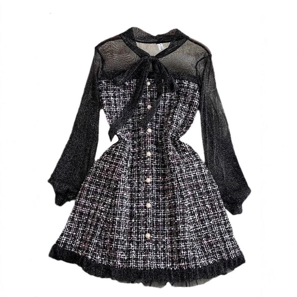 Urban Lady's Fall/winter Style Chic Fashion Socialite Elegant Mesh Material Long-sleeved Bow-neckline Waist Cinched Tight A-line Tweed Ladies