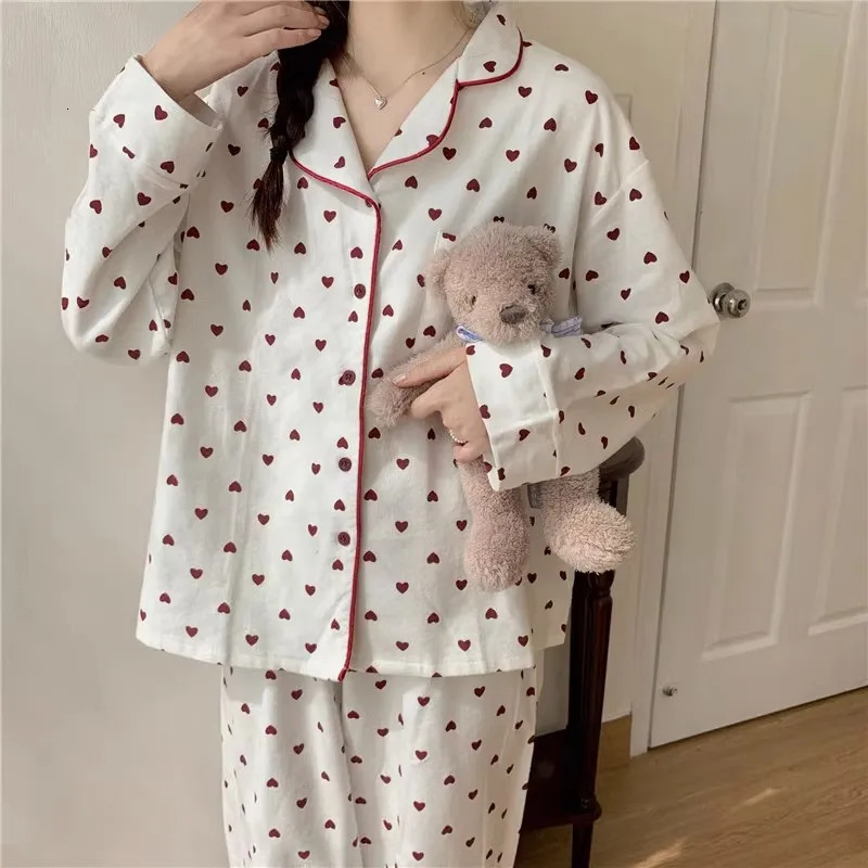2 Piece Set Large Size Nightwear Women Autumn and Winter Cardigan Homewear Ladies Peach Heart Long Sleeves School Sleepwear 251231