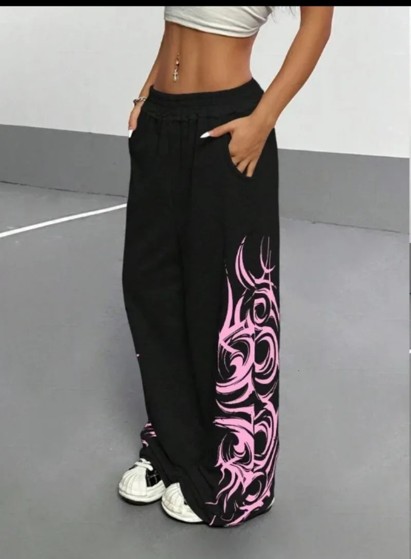 Baggy Slacks Black Pink Contrast Y2K Track Pants Women Street Fashion American Jogging Pants Hip Hop Totem Graffiti 251226