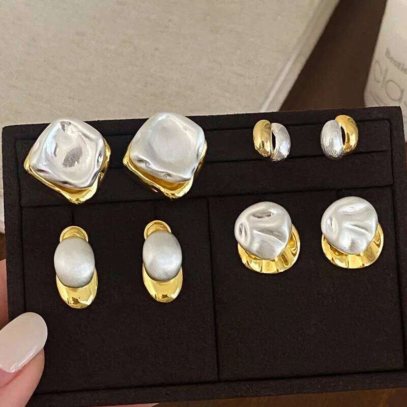 Real 925 Sterling Silver Two Colors Geometric Stud Earrings for Women Trendy Fine Jewelry Minimalist Personality Accessories
