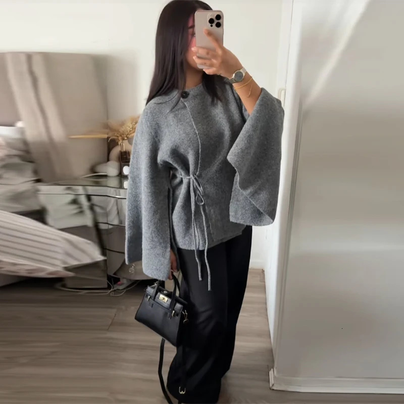 Casual Solid Womens Cardigan Lace Up Loose Knitwear Chic Spliting Batwing Sleeve Knitted Sweaters 2025 Autumn Lady Knit Top 251224
