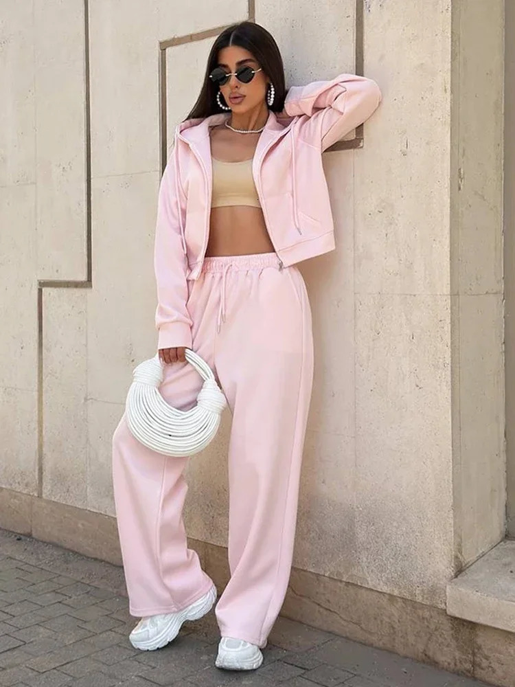 Womens Solid Zipper Hooded Long Sleeves Top Sets Casual Straight Wide Leg Long Pants Suit 2025 Autumn Office Commute Outfit 251225