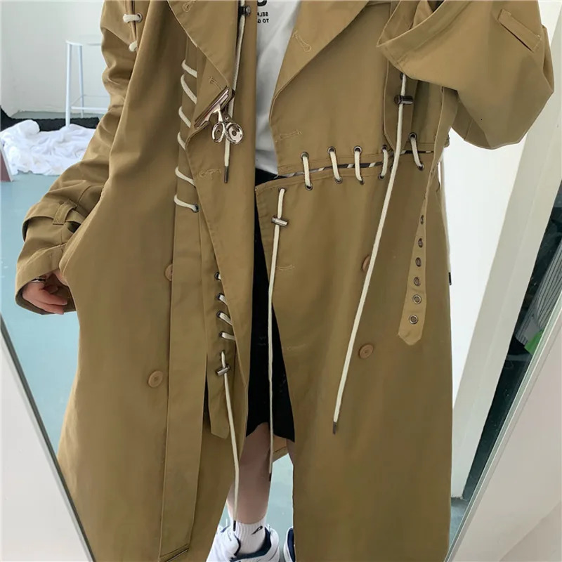 BJTZ Splicing Khaki Windbreaker Womens 2025 Spring Autumn Loose Temperament Midlength Drawstring n Trench Jacket 251231