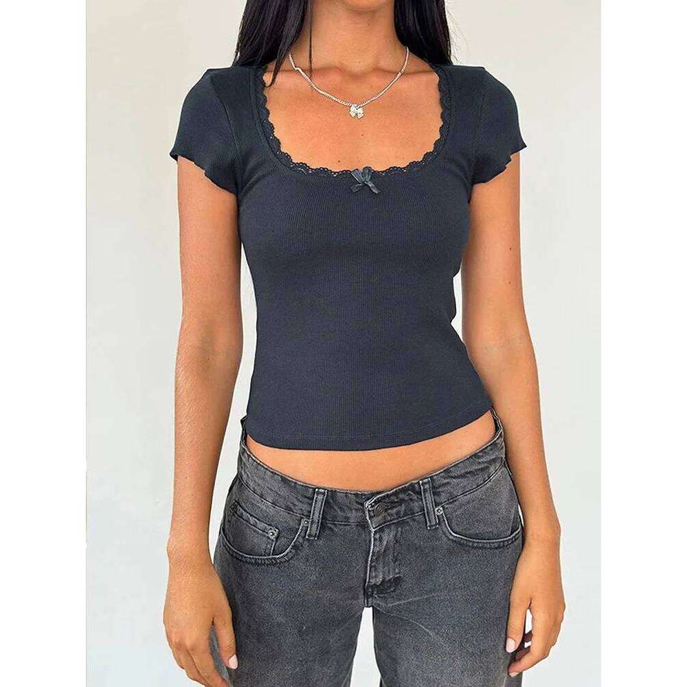 y2k Vintage Baby Cottage Lace Trim Knitted T-Shirt Summer Square Neck Short Sleeve Tee Shirt Women White Milkmaid Crop Top