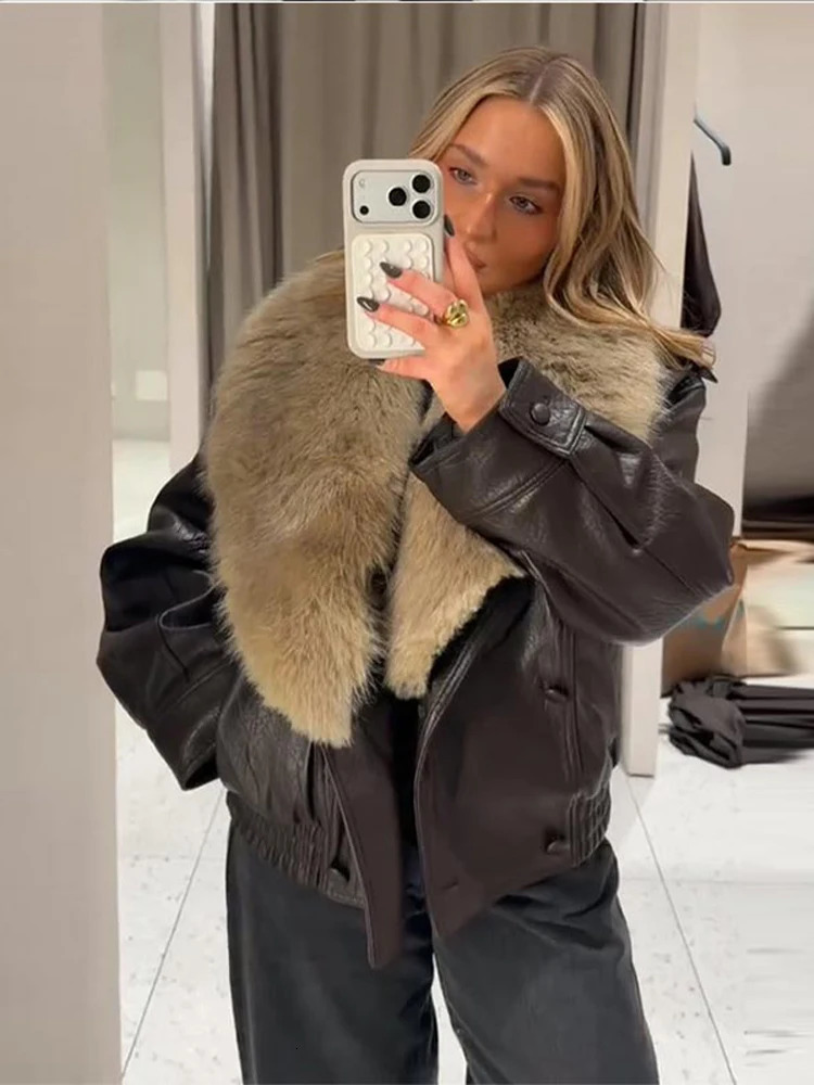 Fashion PU Leather Short Jacket Women Fur Collar Contrast Doublebreasted Warm Coat Female 2025 Autumn Winter Outwears 251216