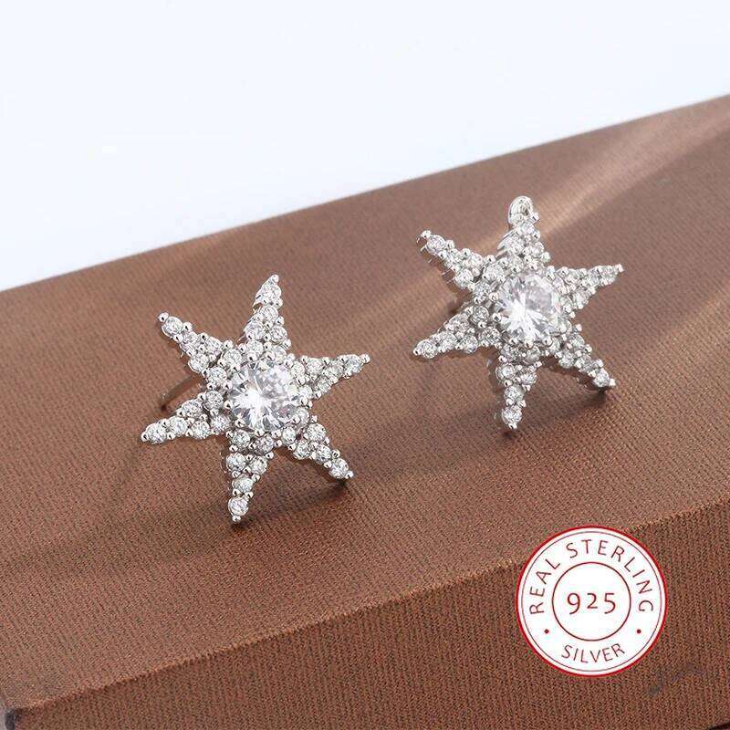 High Quality Shiny Star Shaped Lady Pentagram Stud Earrings S925 Silver Superflash Zircon Party Anniversary Jewelry Gift