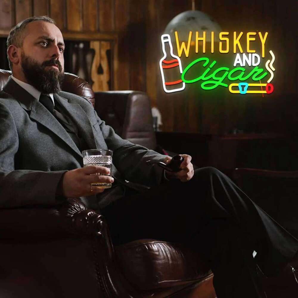 Whiskey Cigar Neon Sign with Dimmable Switch LED Light Up for Wall Lounge Home Pub Bar Man Cave Wine Cellar Hotel Decor 26T0104