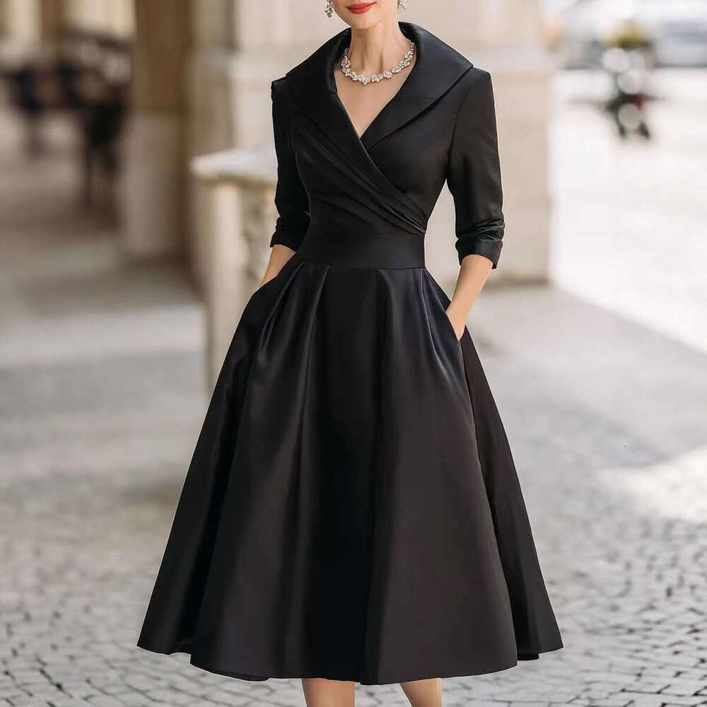 Satin Waist-Cinching Slimming Elegant Long Sleeve Dress for Women 2026 European American Style for Wedding & Evening Party