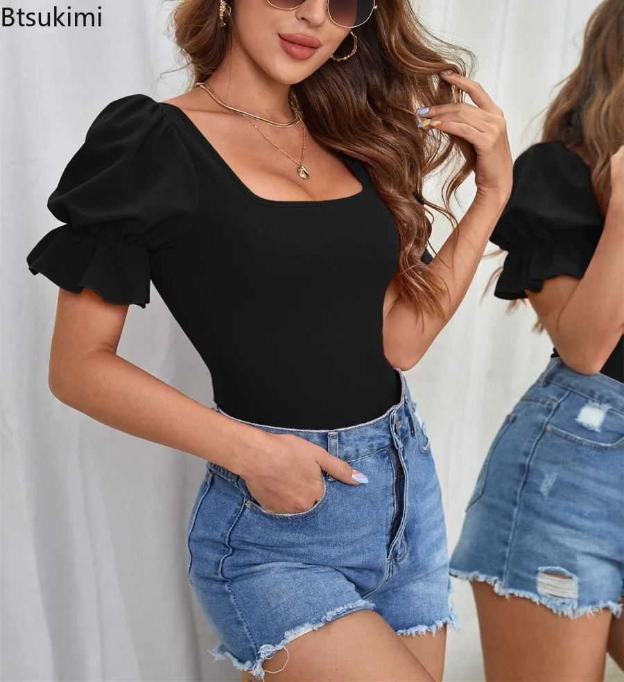 2025 Bubble Sleeve Black Bodysuits Solid Color Summer Fashion Temperament Slim Fit Sexy Tops s Clothes for Women 251231