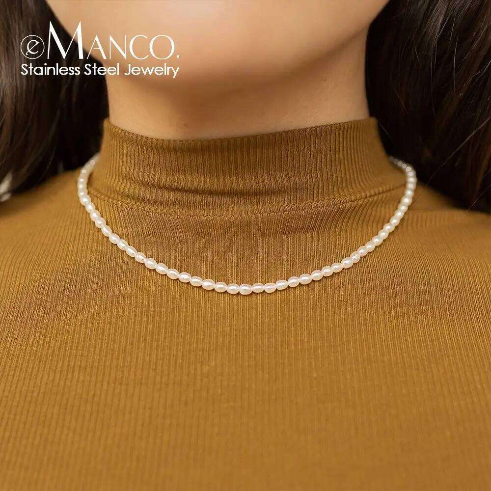 EManco 3MM Imitation Pearl Simple Necklaces Oval Stainless Steel Necklace Women's Wedding Gift